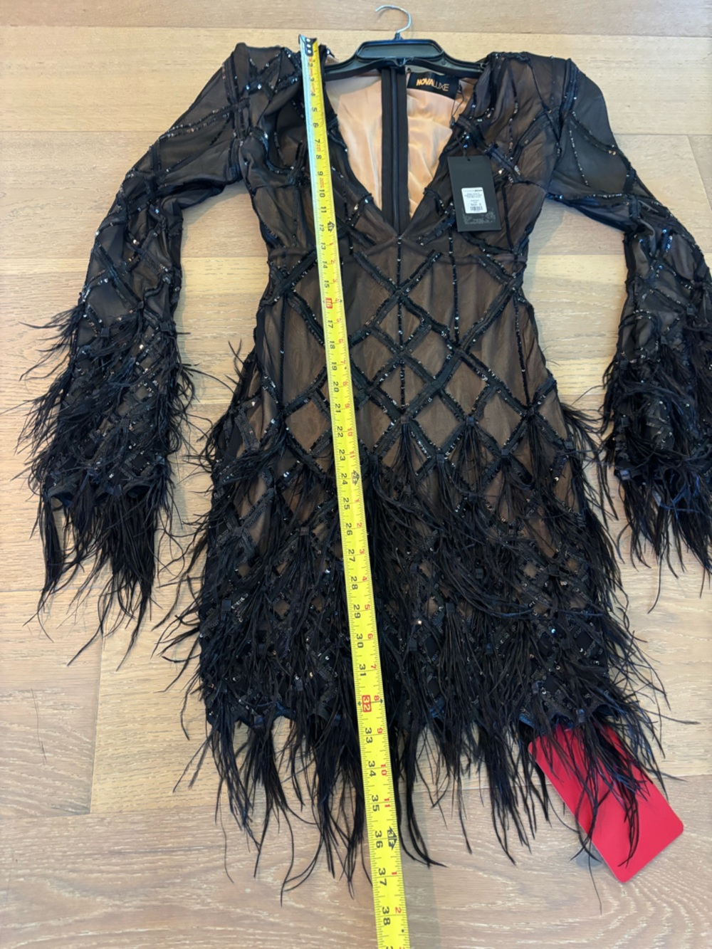 Fashion Nova Luxe Amber Deep V Embellished Feather Trim Mini Dress Black Small - Picture 11 of 11